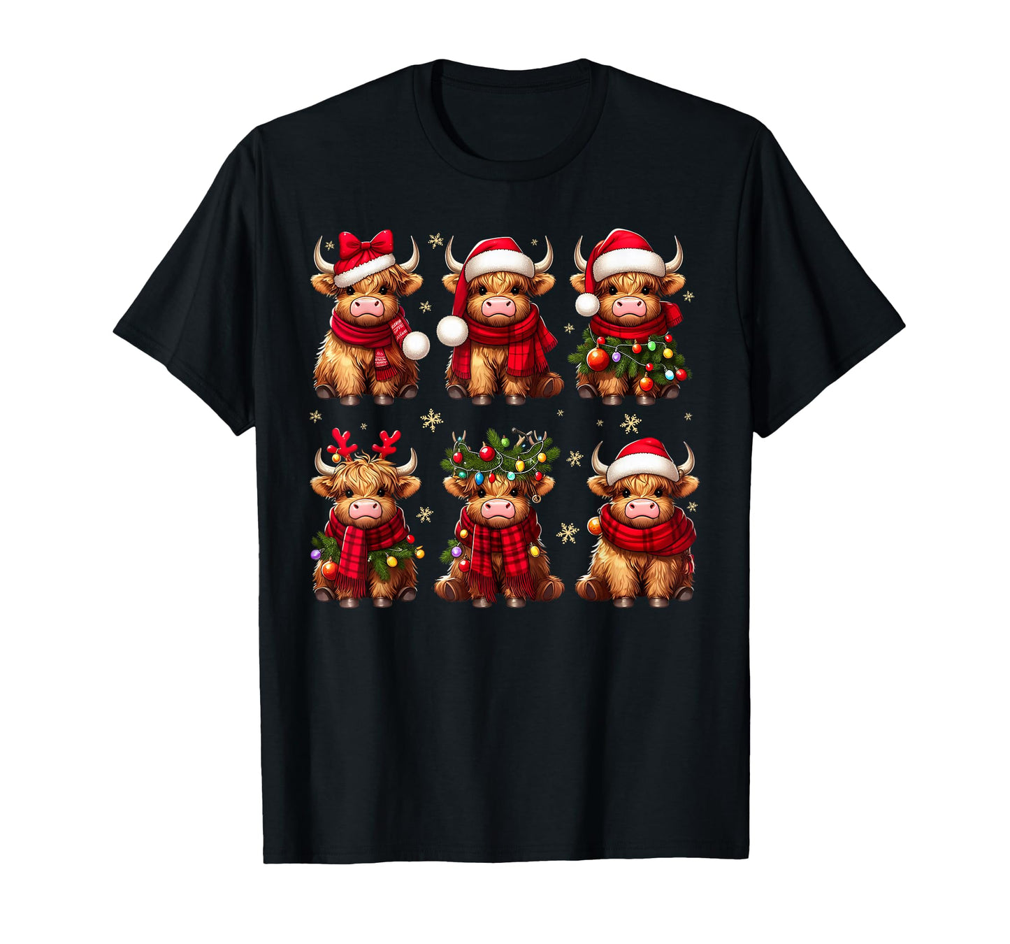Highland Cow Santa Christmas Lights Funny Xmas Animal Lover T-Shirt