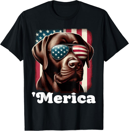 Merica Chocolate Lab Flag USA Patriotic 4th of July Labrador T-Shirt