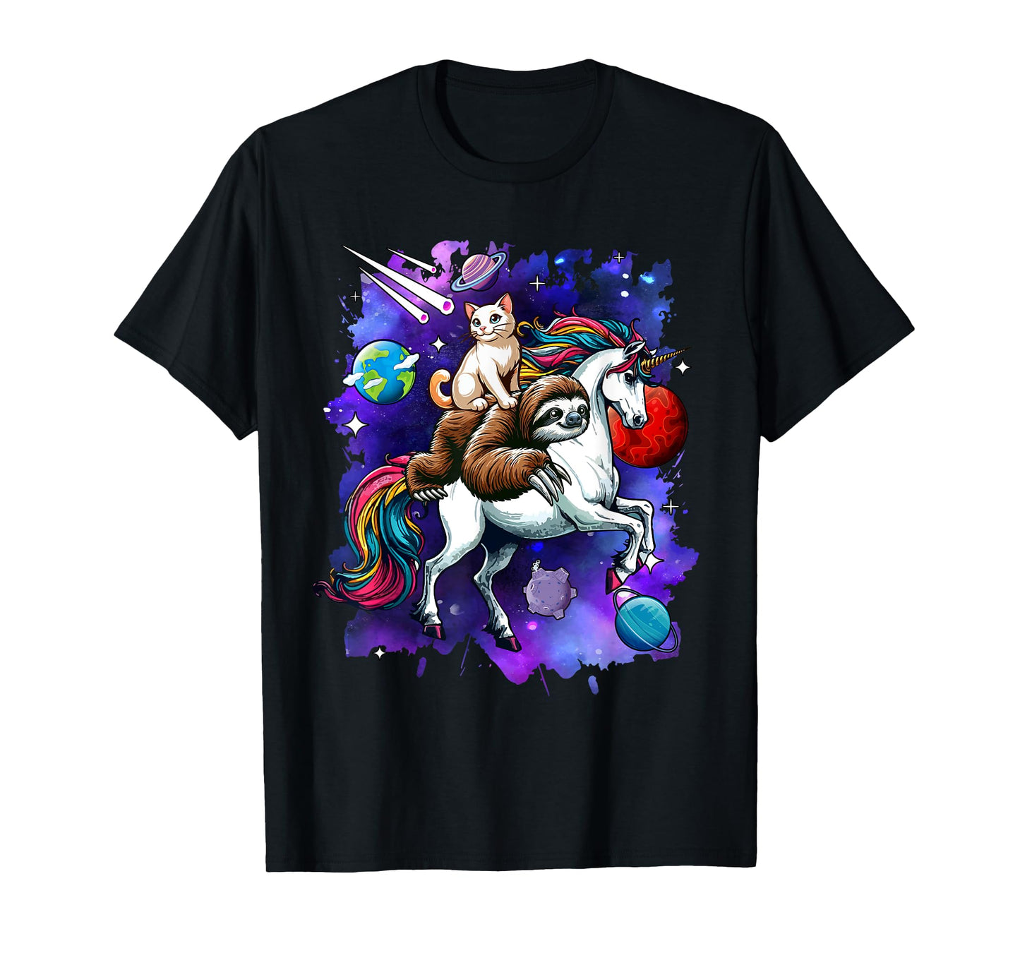 Cat And Sloth Riding Unicorn In Space Costume Galaxy T-Shirt for Men Women Kids