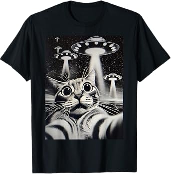 Cat Selfie With Alien UFO Funny T-Shirt