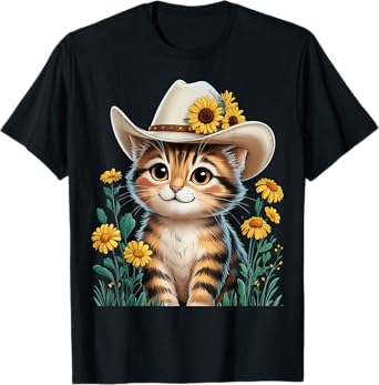 Cute Cartoon Cat In Cowboy Hat With Sunflowers Rustic T-Shirt