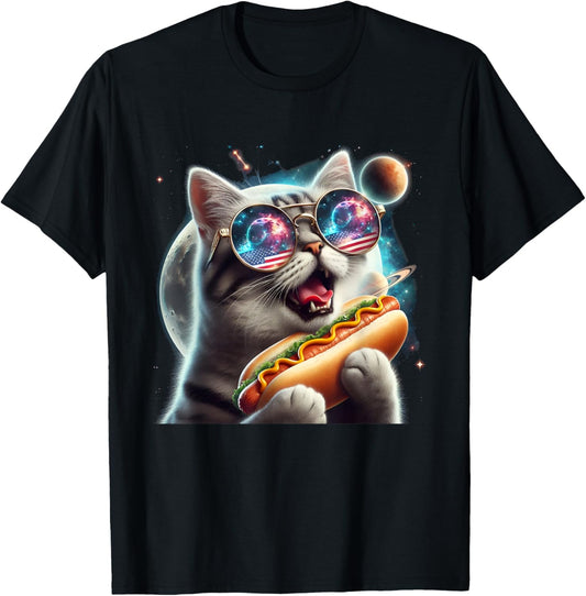 Funny Cat eating Hotdog in space kitty Space Galaxy Moon T-Shirt