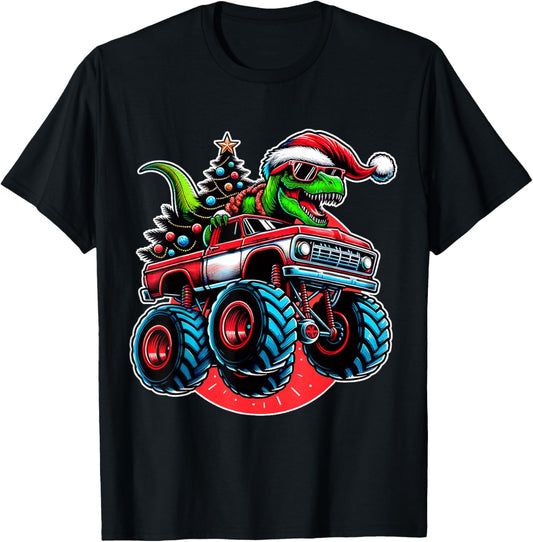 Christmas T Rex Monster Truck Boys Dinosaur Santa Xmas Funny T-Shirt