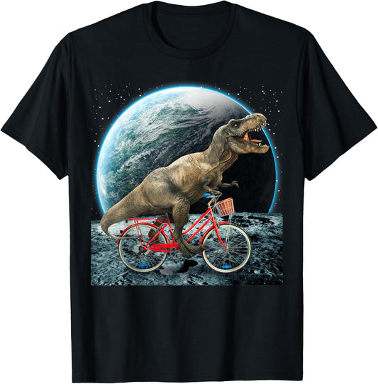 Dinosaur Trex In Space Riding Bike On Moon Funny Dino Lover T-Shirt