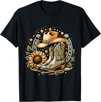 Vintage Cowboy Boot Horseshoe Sunflower Rope western Cowgirl T-Shirt