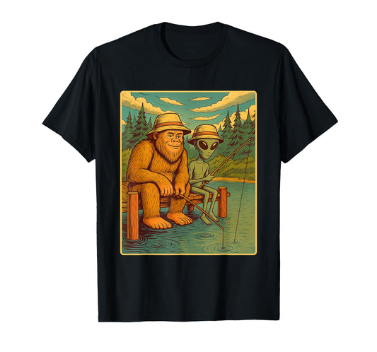 Bigfoot And Alien Fishing - Fisherman Angler Angling T-Shirt
