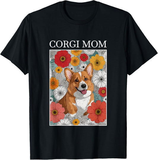 Corgi Mom Artsy Flower Dog Design T-Shirt