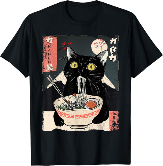 Kawaii Cat Eating Ramen Noodles Funny Anime Gift Girls Teens T-Shirt