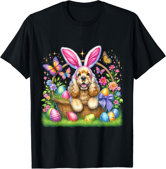 Cute Bunny Cocker Spaniel Dog Easter Eggs Basket Easter Day T-Shirt