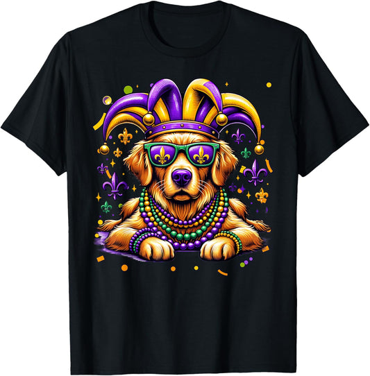 Funny Mardi Gras Bead Golden Retriever Dog Festival Carnival T-Shirt