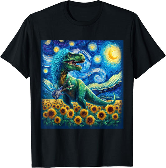 Dinosaur Starry Night Van Gogh Rock T Rex Playing Guitar T-Shirt