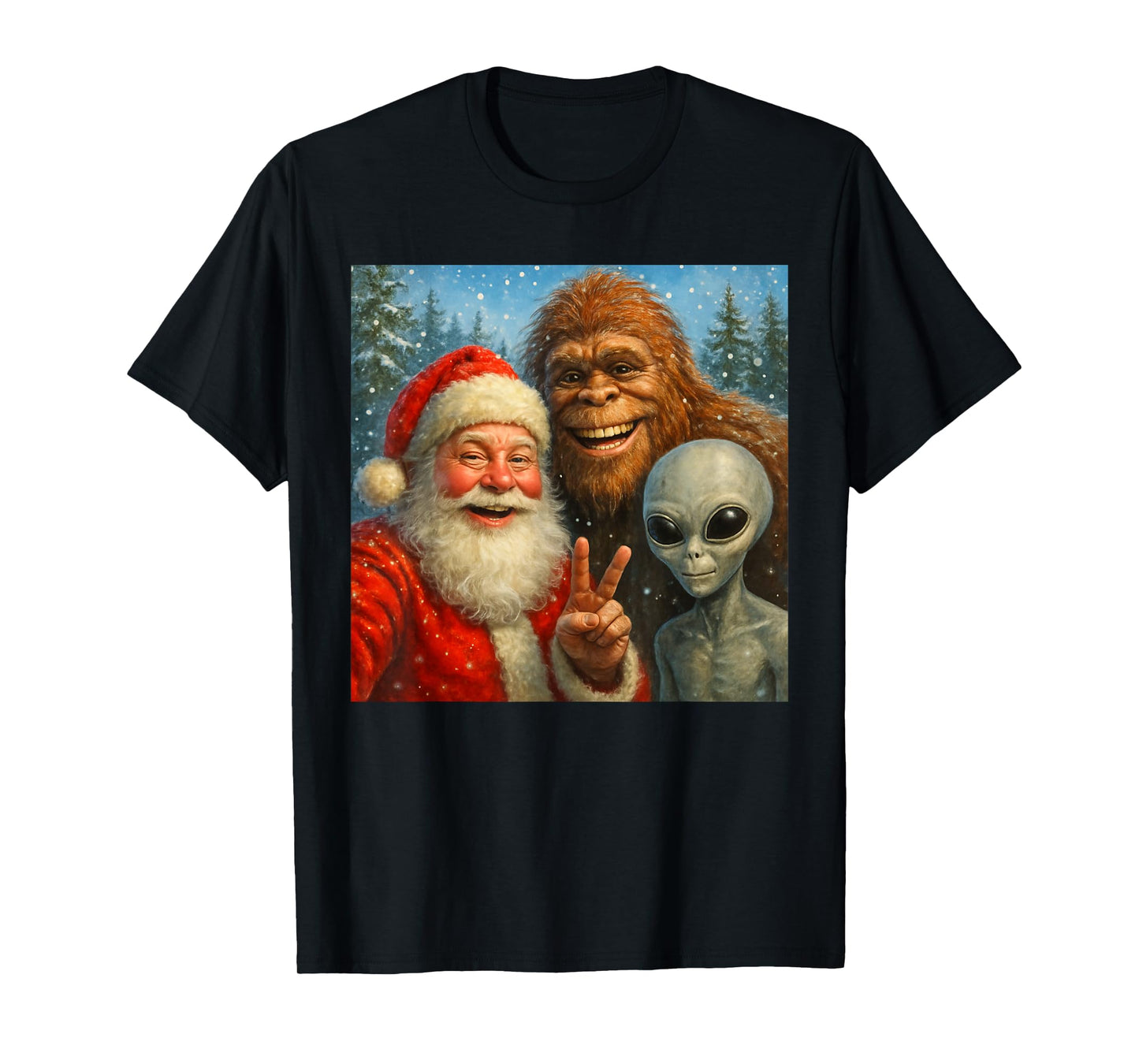 Funny Cat Selfie with Santa Claus & Bigfoot Meme T-Shirt