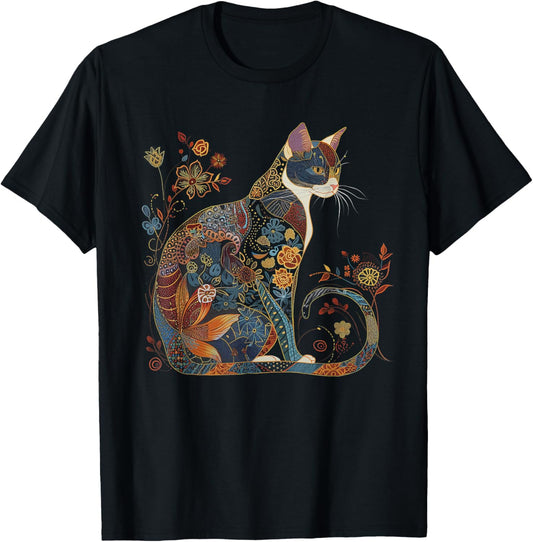 Cat Colorful Floral Patterns Vintage Flowers Art Cat Lover T-Shirt