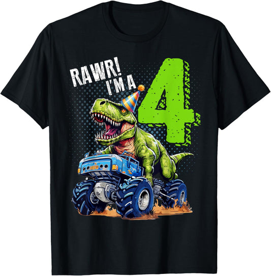 Rawr I’m 4 Birthday Dinosaur Monster Truck 4th Boys Girls T-Shirt