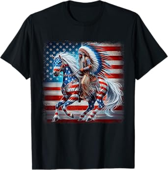 Indian Riding Horse Native American Flag 4th of July T-Shirt