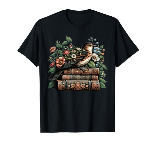 Cottagecore Aesthetic Floral Bird Books T-Shirt