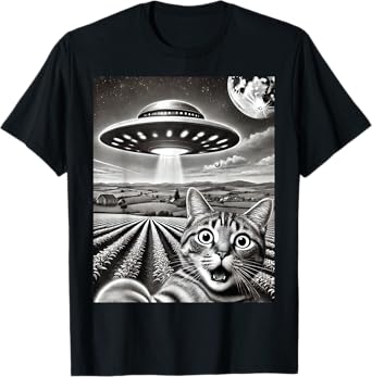 Cat Selfie With Alien UFO Funny Cat Weird Graphic Men Women Kids T-Shirt
