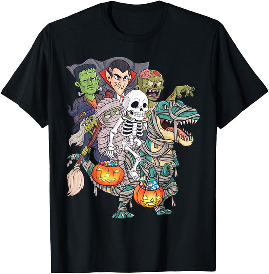 Skeleton Zombie Riding Mummy T Rex Funny Halloween Pumpkin T-Shirt