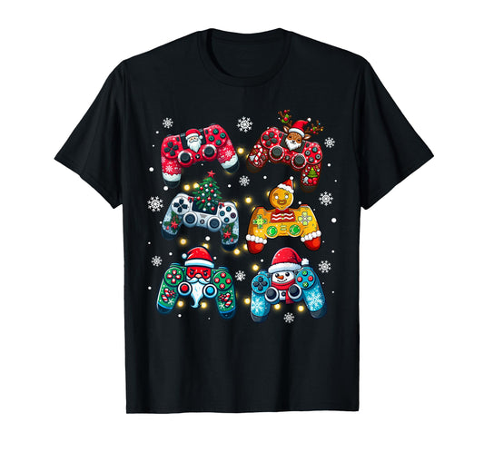Boys Christmas Shirt Santa Elf Gaming Controllers Gamer Xmas T-Shirt