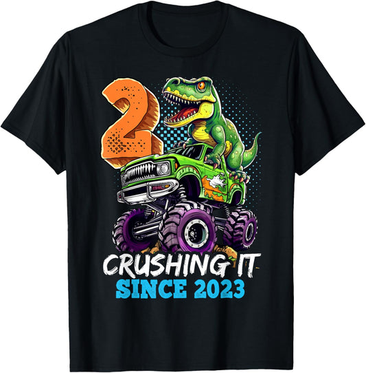 2nd Birthday Monster Truck Dinosaur Party Boys Rawr I'm 2 T-Shirt