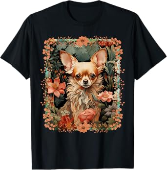 Vintage Chihuahua Gifts Long Haired Fawn Chihuahua Vintage Floral T-Shirt