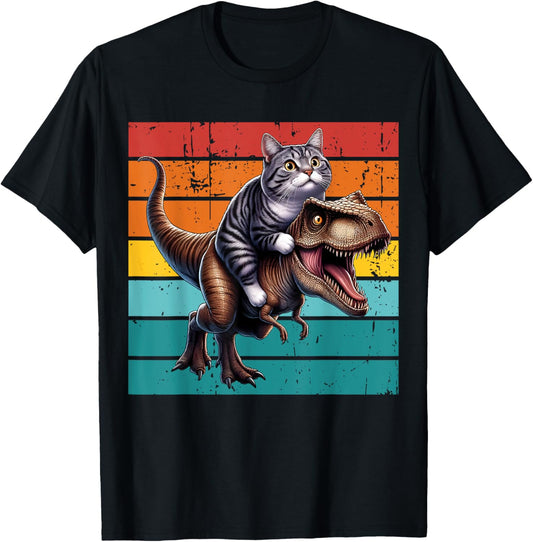 Cat Riding Dinosaur T-Rex Funny Cat T-Shirt