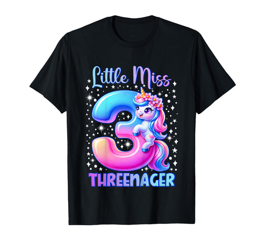 Little Miss Threenager Three 3rd Birthday Girls 3 Years T-Shirt