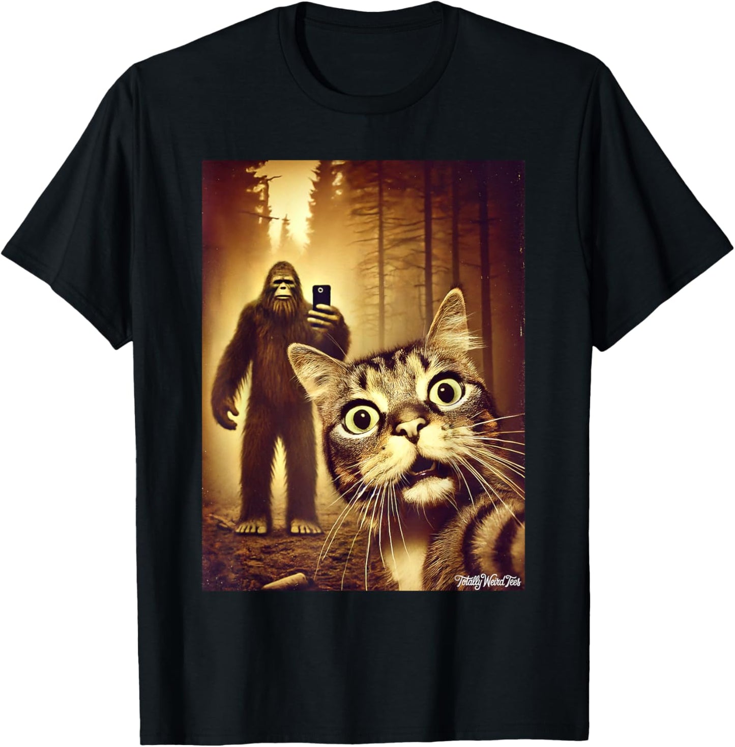 Cat Sasquatch Selfie Funny Woods Bigfoot Art Unisex-Adults T-Shirt Black Small