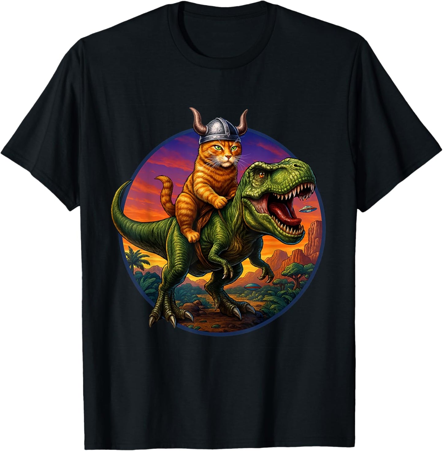 Epic Viking Cat Riding Dinosaur Quirky Cat Art T-Shirt for Men Women Kids