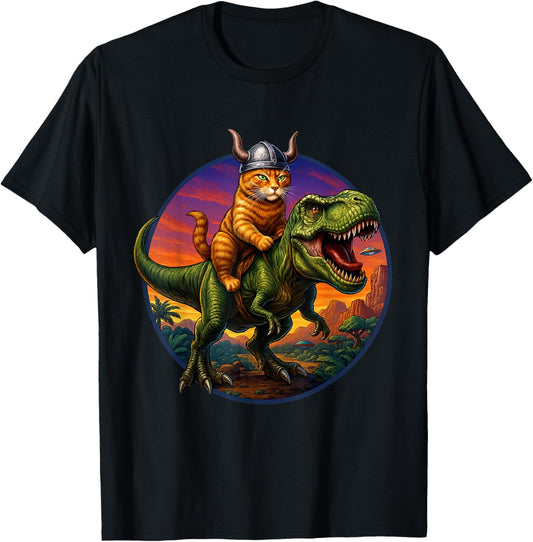 Epic Viking Cat Riding Dinosaur Quirky Cat Art T-Shirt for Men Women Kids