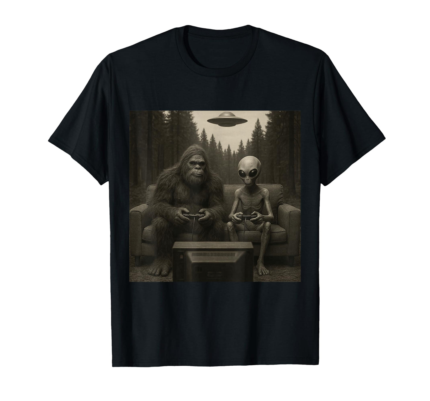 Funny Bigfoot and Alien Playing Video Games. UFO and Bigfoot T-Shirt