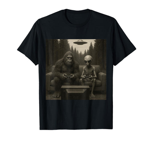 Funny Bigfoot and Alien Playing Video Games. UFO and Bigfoot T-Shirt