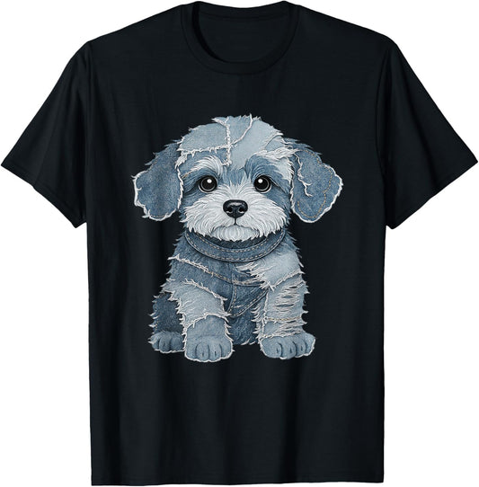 dog pattern denim patchwork art T-Shirt