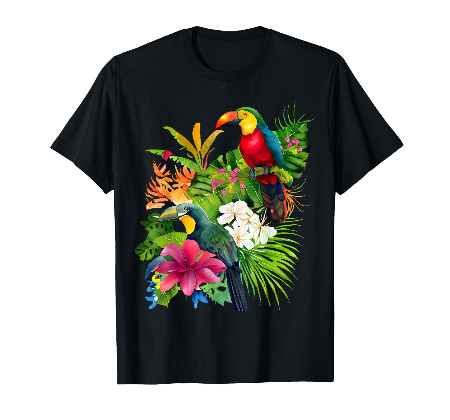 Tropical Bird Toucan Rainforest Jungle Greenery Flowers T-Shirt