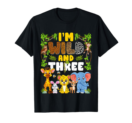 Kids I'm Wild And Three Jungle Safari Animal 3rd Birthday Kids T-Shirt