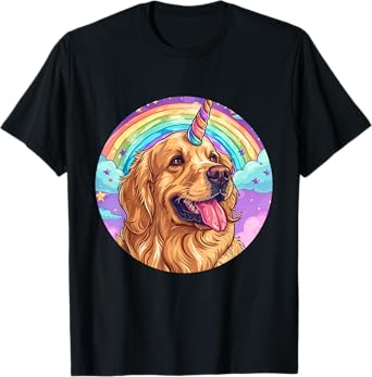 Golden Retriever Unicorn Rainbow Dog In Clouds T-Shirt for Men Women Girls Kids