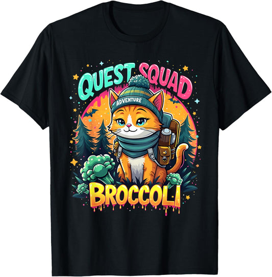 Quest Squad Funny Meme Adventure Funny Cat Broccoli Squad T-Shirt