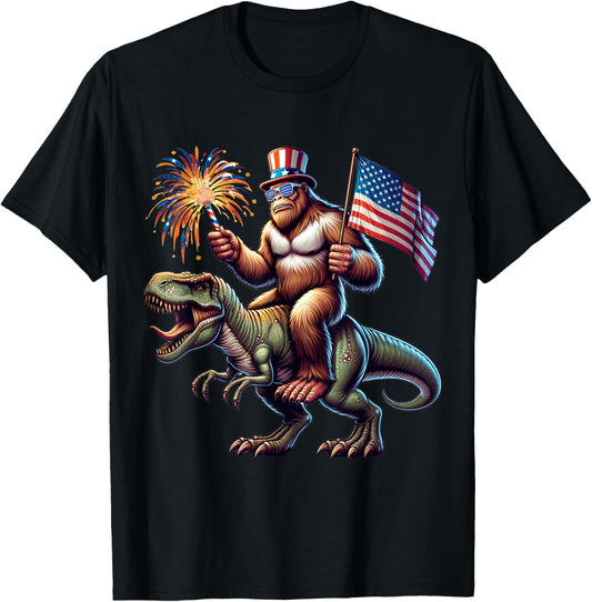Bigfoot Sasquatch Riding Dinosaur T rex. Funny 4th Of July T-Shirt