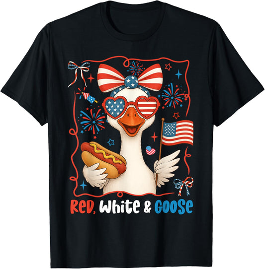 Goose Bow Hotdog American Flag 4th of July Men Women Kids T-Shirt