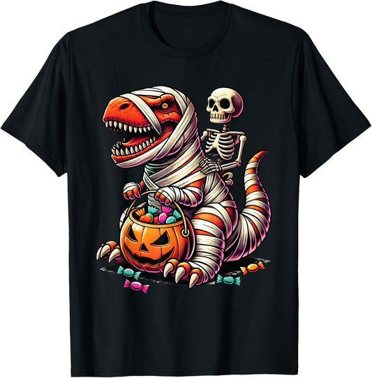 Skeleton Riding Mummy Dinosaur T rex Halloween Funny Pumpkin T-Shirt