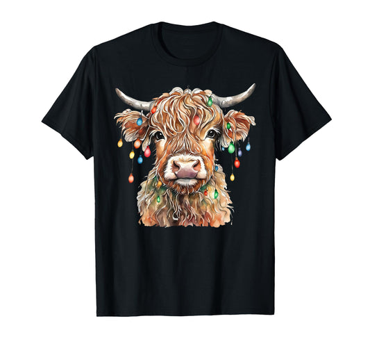Highland Cow Xmas Lights Merry Christmas Pajamas Holiday T-Shirt