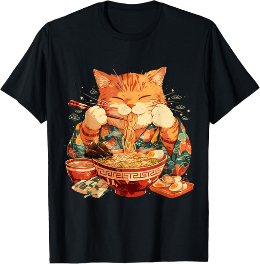 Japanese Art Ramen Cat Ninja Ukiyo-e Anime Style Samurai Cat T-Shirt