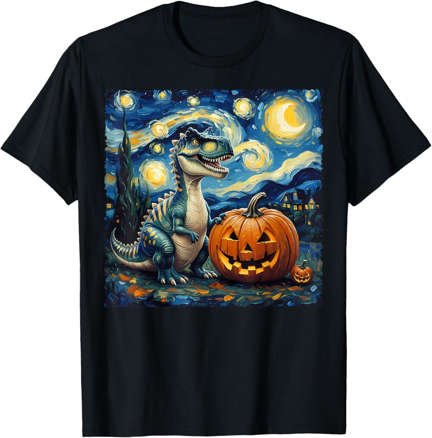 Dinosaur Pumpkin Van Gogh Starry Night Style Halloween Art T-Shirt