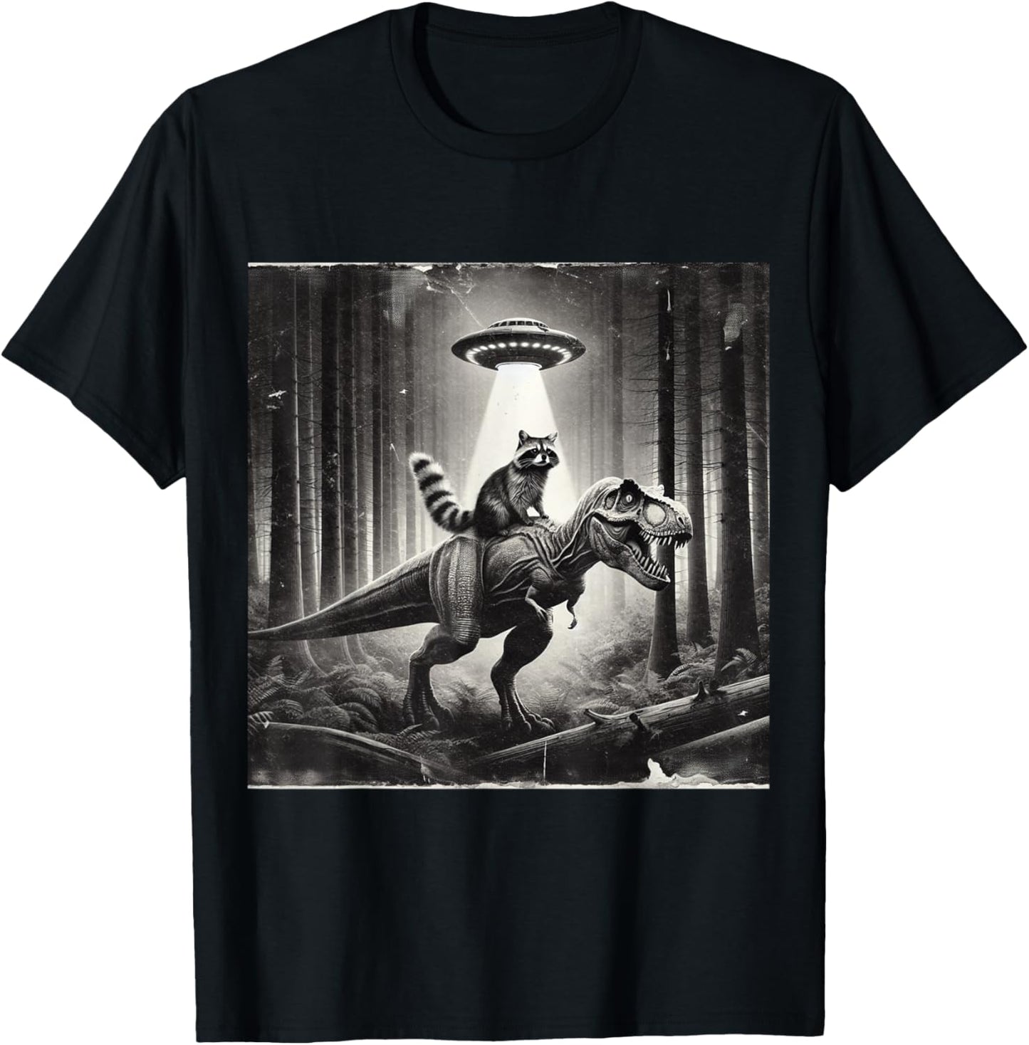 Funny UFO Raccoon Riding Dinosaur T-Rex. Raccoon UFO T-Shirt