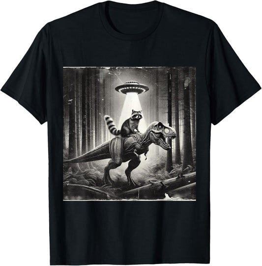 Funny UFO Raccoon Riding Dinosaur T-Rex. Raccoon UFO T-Shirt