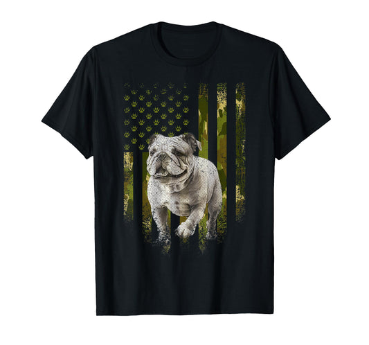 Vintage Camouflage USA Camo Flag Bulldog 4th Of July Women Kids Men T-Shirt