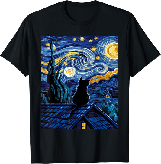 Cat Starry Night Van Gogh Cat Art Lover Funny Cat T-Shirt