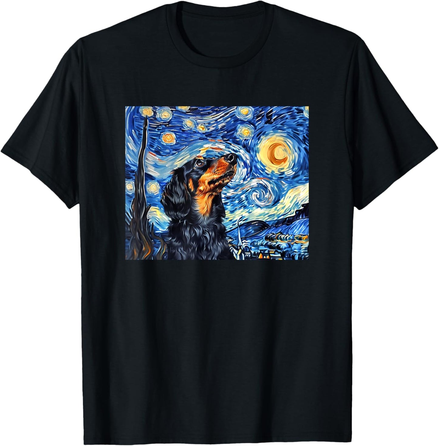Funny Starry Night Black Long Haired Dachshund Lover T-Shirt