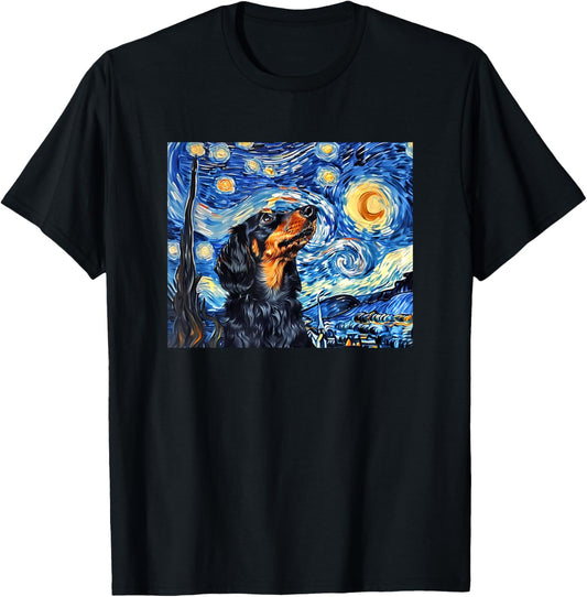 Funny Starry Night Black Long Haired Dachshund Lover T-Shirt