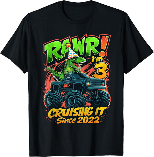 Rawr I'm 3 Dinosaur Monster Truck Birthday Tee T-Shirt